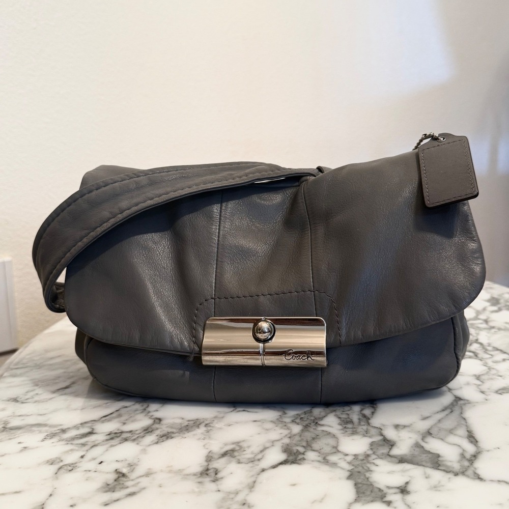 Coach Kristin Hippie Grey Leather Hobo Shoulder‎ Bag Flap Handbag